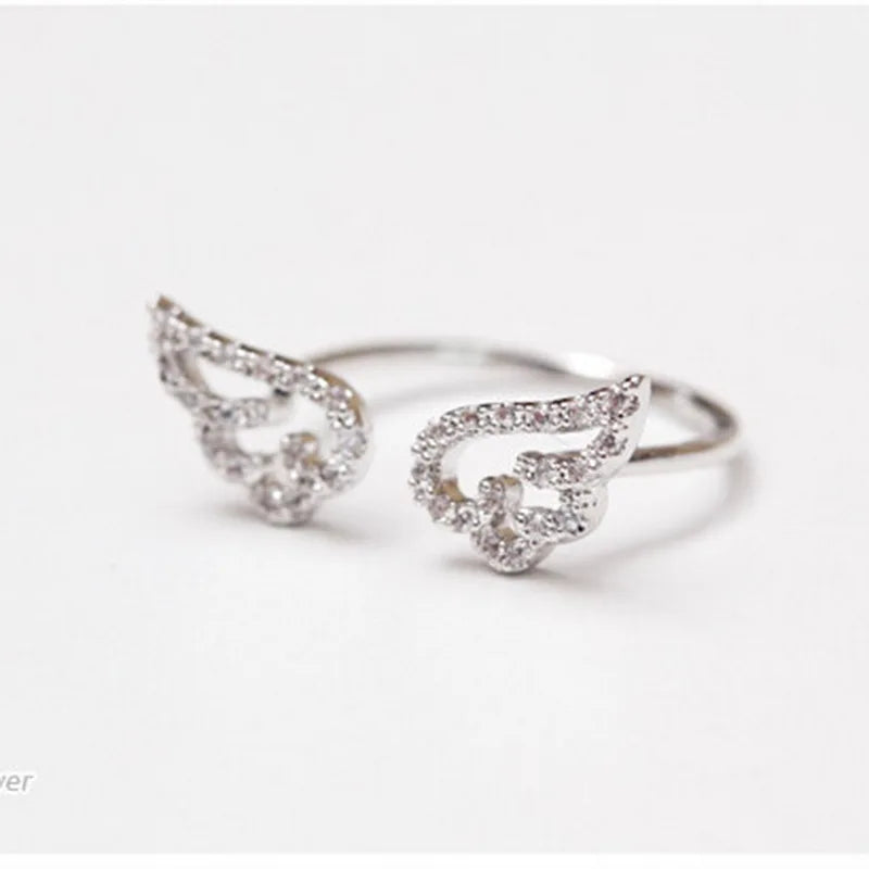Women Korean Angel Wing Rhinestone Adjustable Ring Jewelry