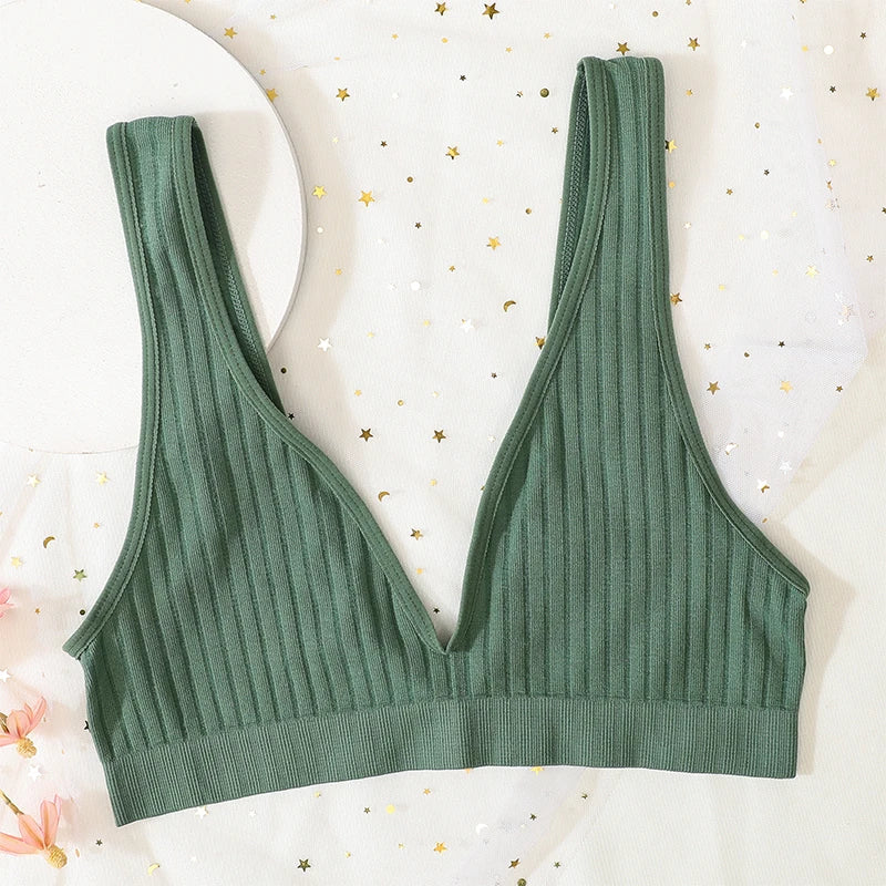 Seamless Ribbed Deep V Wireless Push Up Bralette for Women