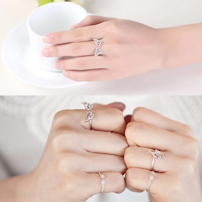 Women Korean Angel Wing Rhinestone Adjustable Ring Jewelry