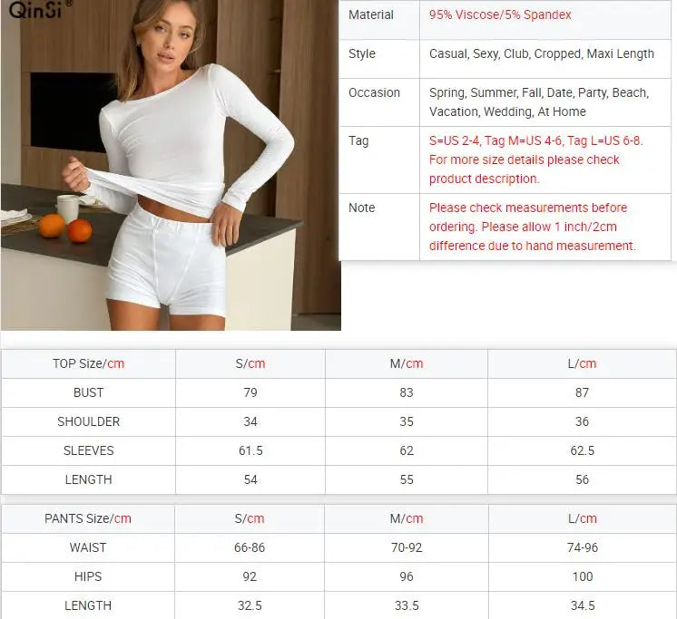 QINSI Casual White Pajamas for Women Set O Neck Full Sleeves Top Solid Shorts Loungewear Women Sets Breathable Pyjamas Women