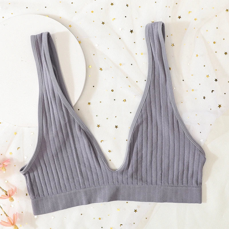 Seamless Ribbed Deep V Wireless Push Up Bralette for Women