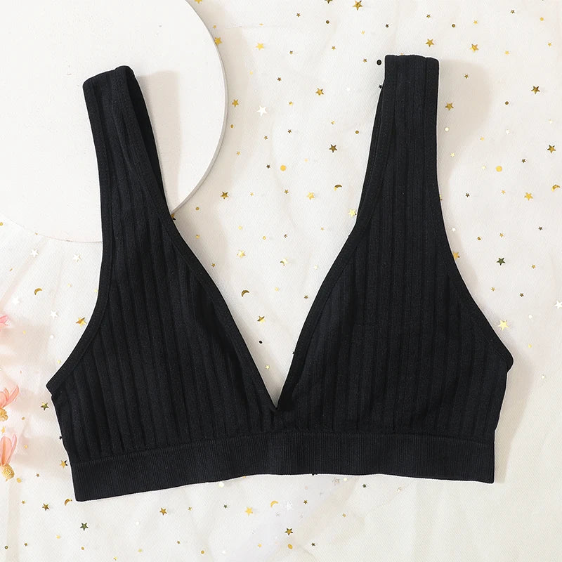 Seamless Ribbed Deep V Wireless Push Up Bralette for Women