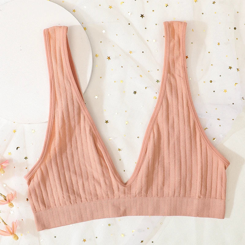 Seamless Ribbed Deep V Wireless Push Up Bralette for Women