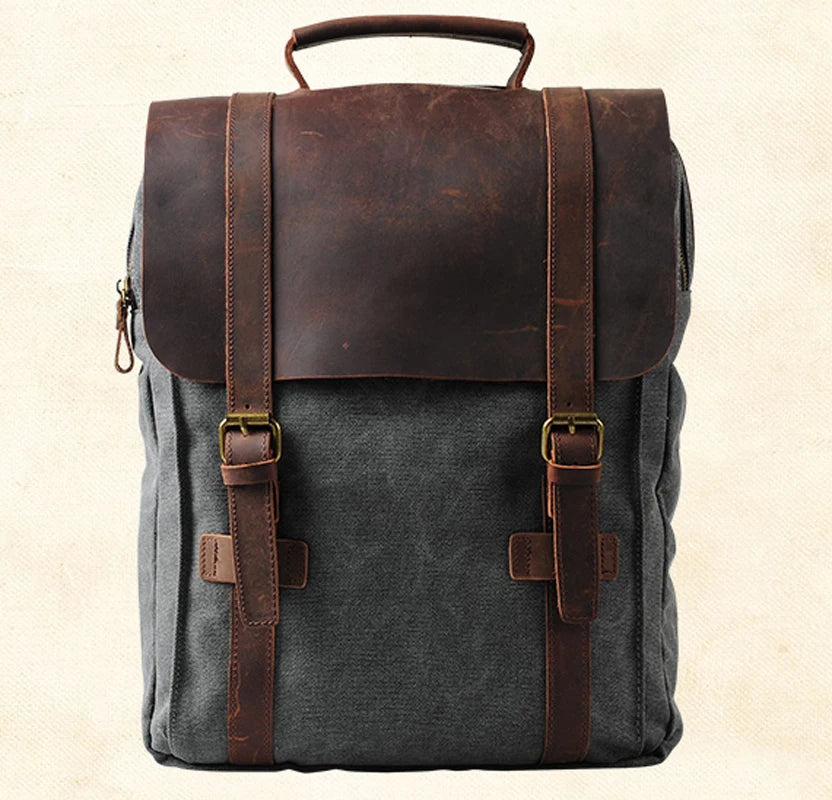 Leather Canvas Military Style Backpack for Men