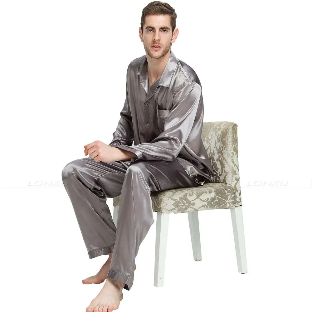 Men Silk Satin Pajama Set Sleepwear Loungewear