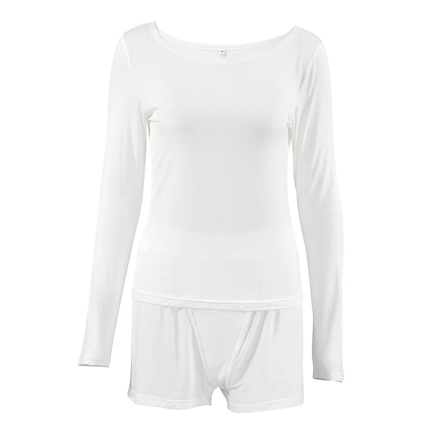 QINSI Casual White Pajamas for Women Set O Neck Full Sleeves Top Solid Shorts Loungewear Women Sets Breathable Pyjamas Women