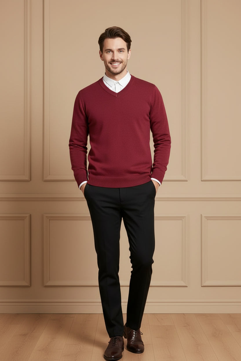 Men V Neck Cotton Knitted Sweater