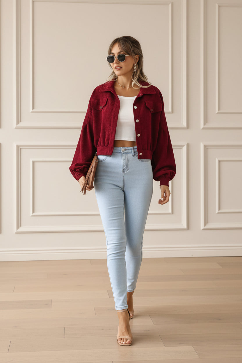 Women Cropped Corduroy Lantern Sleeve Jacket