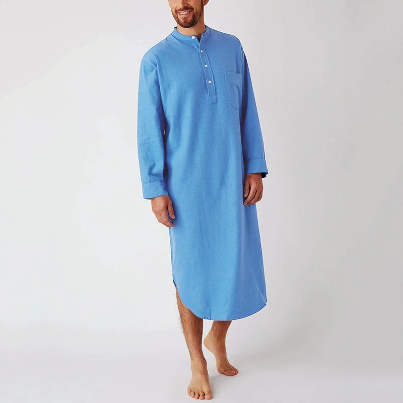Men Button Down Sleep Robe Stand Collar Bathrobe Nightwear