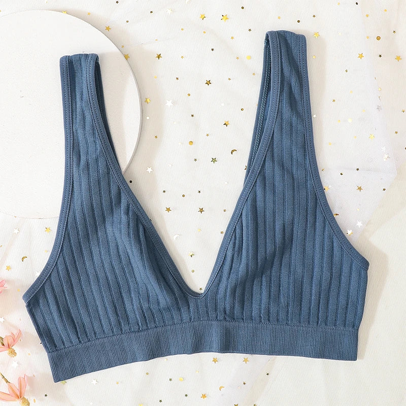Seamless Ribbed Deep V Wireless Push Up Bralette for Women