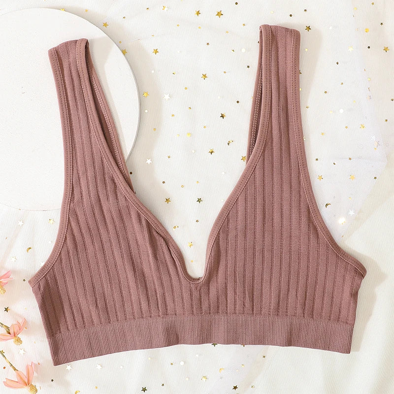 Seamless Ribbed Deep V Wireless Push Up Bralette for Women