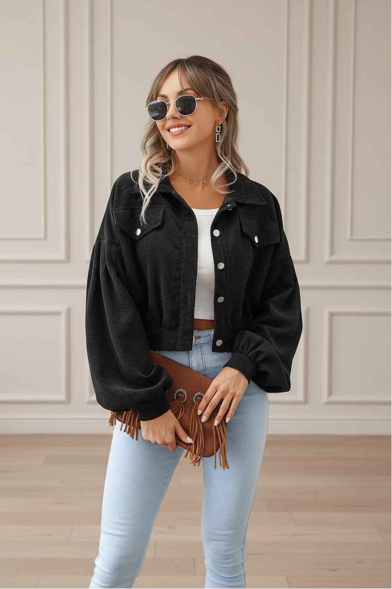 Women Cropped Corduroy Lantern Sleeve Jacket