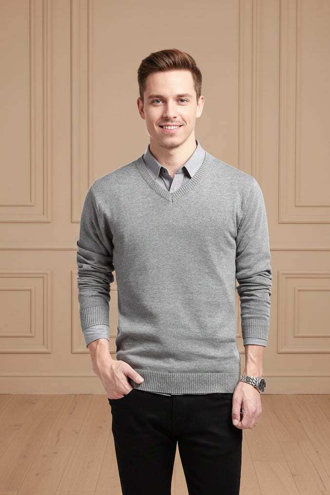 Men V Neck Cotton Knitted Sweater