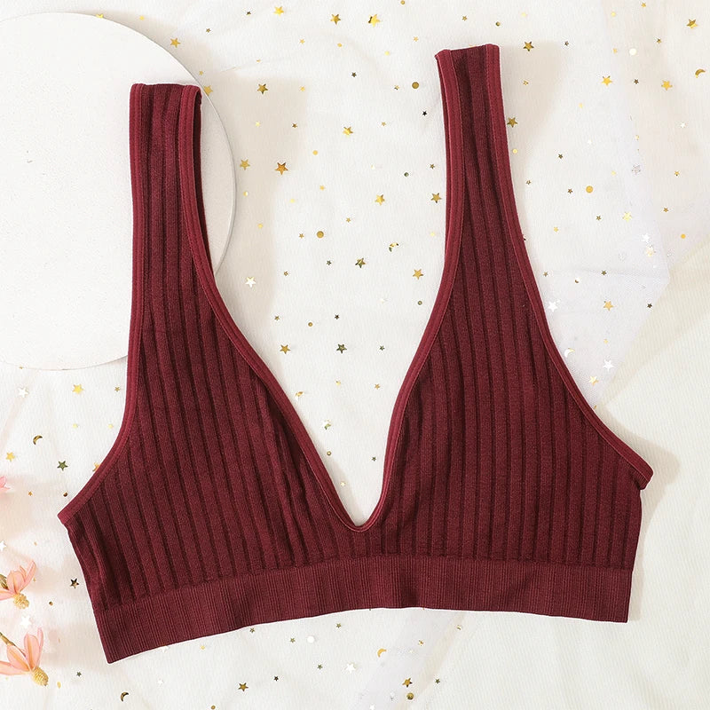 Seamless Ribbed Deep V Wireless Push Up Bralette for Women