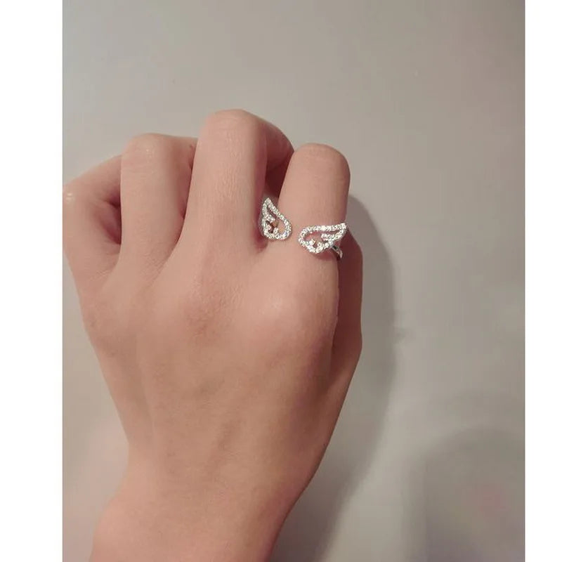 Women Korean Angel Wing Rhinestone Adjustable Ring Jewelry