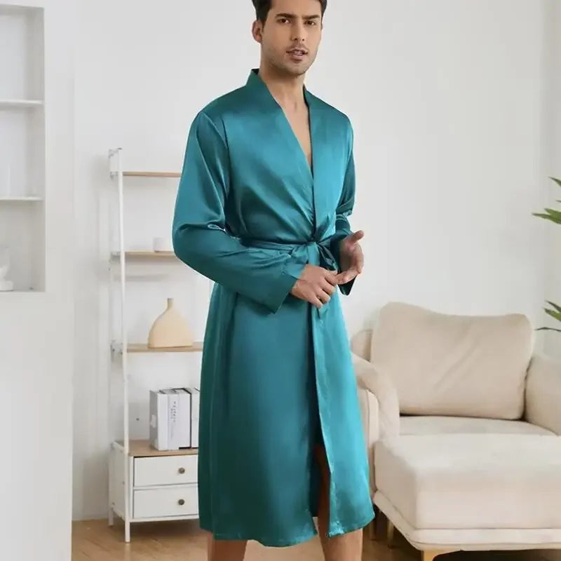 Men Satin Leopard Bathrobe Set Kimono Sleepwear Loungewear