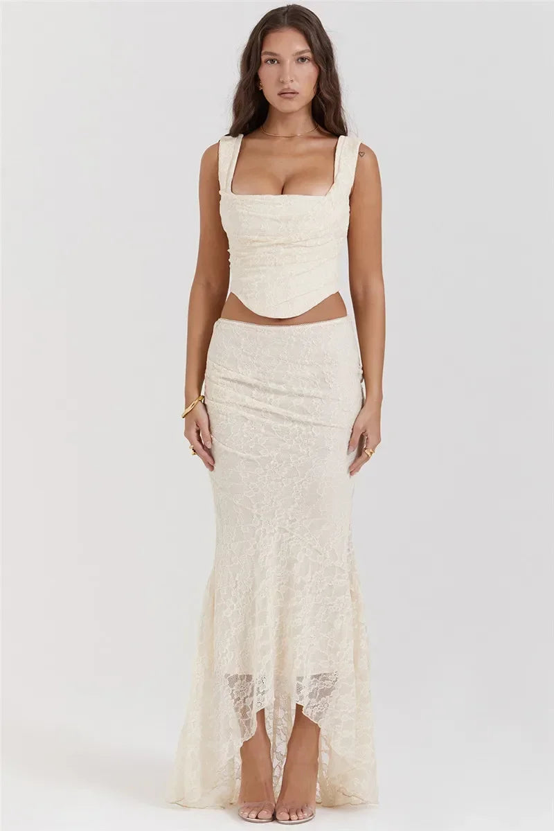 Women Lace Bandage 2 Piece Set Backless High Waist Maxi Skirt Outfit