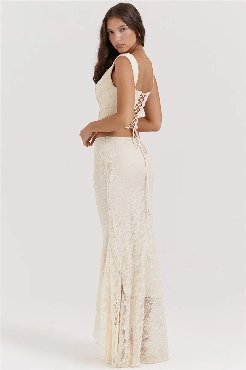 Women Lace Bandage 2 Piece Set Backless High Waist Maxi Skirt Outfit