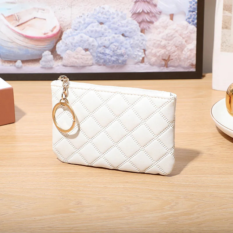 Mini Plaid Leather Zipper Coin Purse Wallet with Keychain for Women
