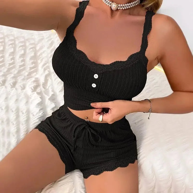 Women Summer Sleepwear Pajama Lounge Set with Top and Pants
