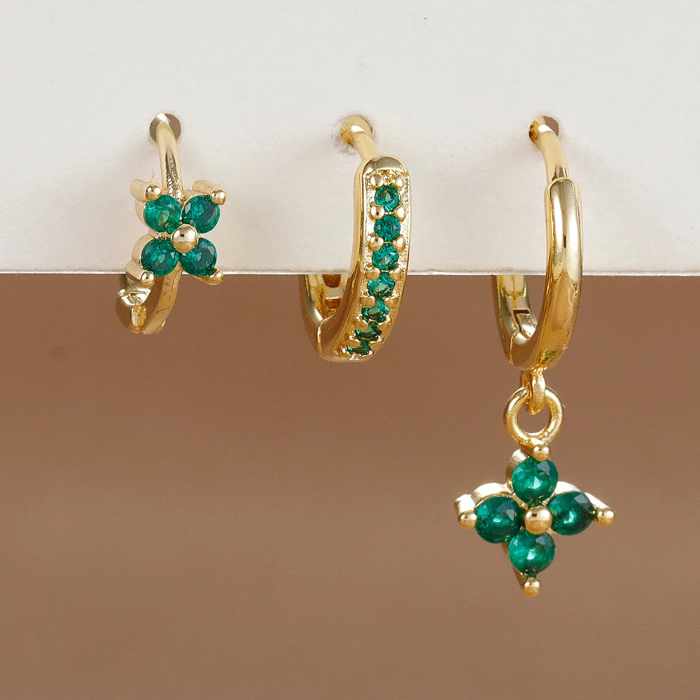 Women Stainless Steel Flower Zircon Drop Earring Set Jewelry