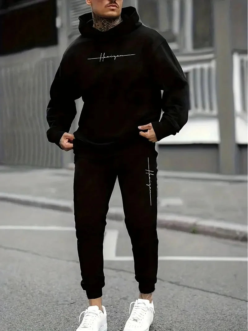 Men Printed Hoodie and Jogger Pants Tracksuit Set