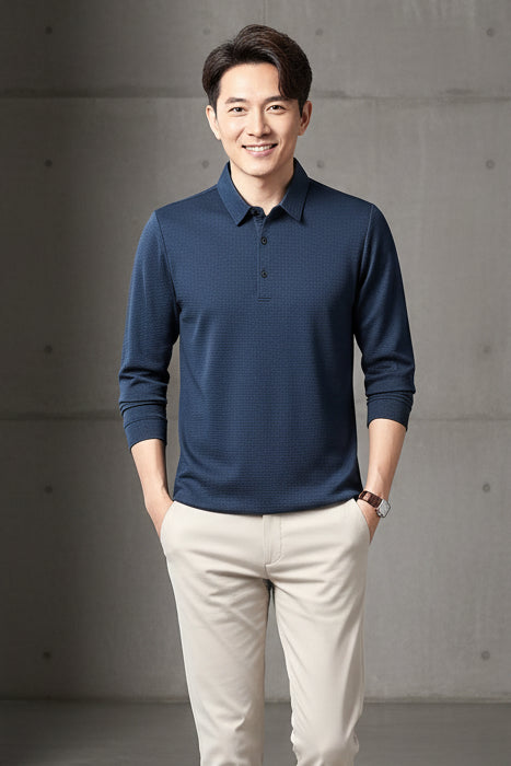 Men Business Casual Polo Long Sleeve T-shirt
