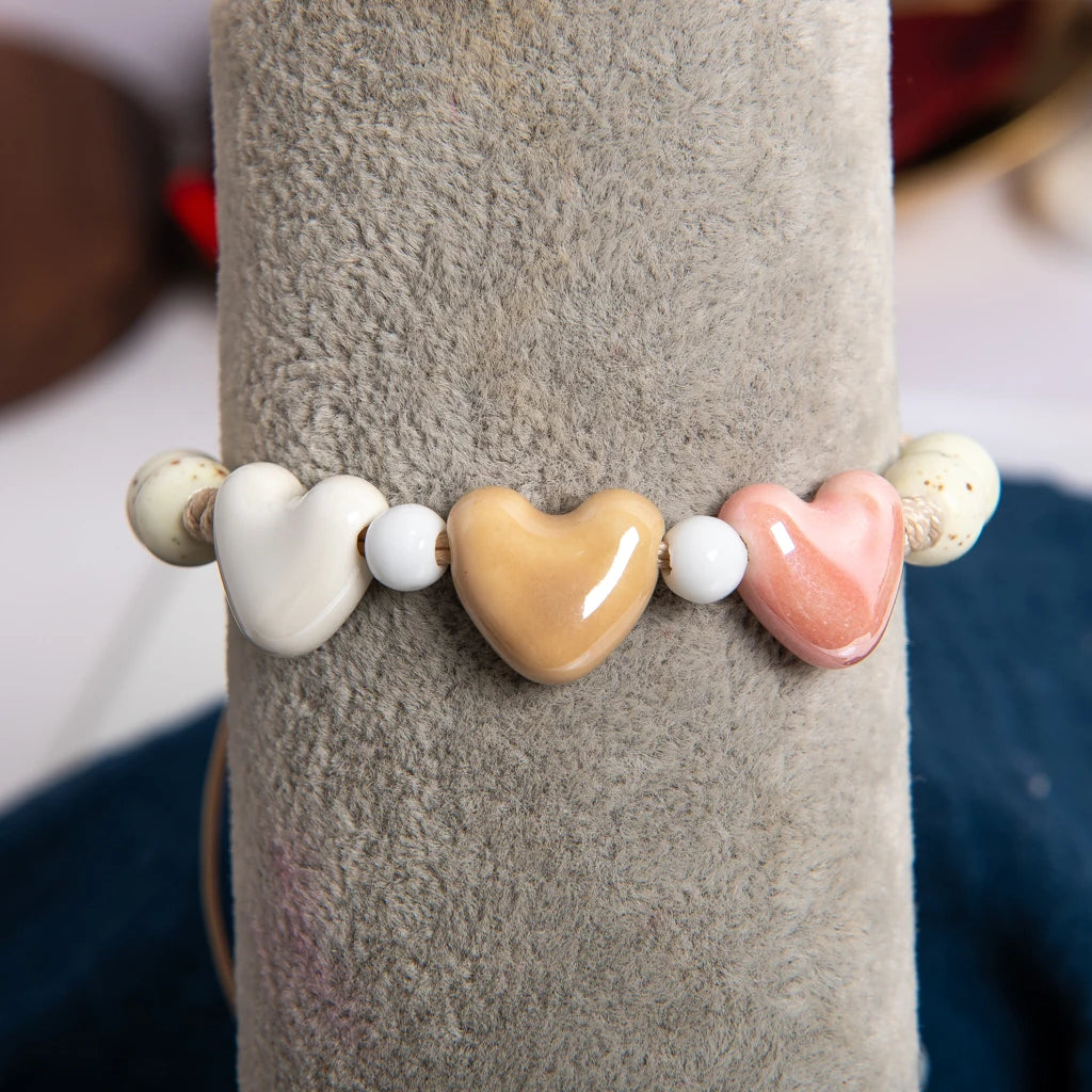 Women Handmade Ceramic Triple Heart Adjustable Cord Bracelet