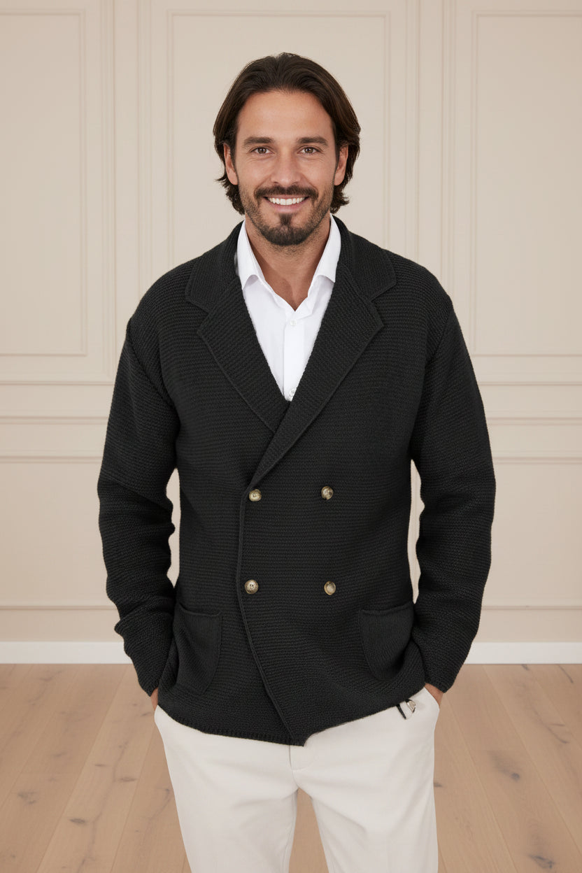 Men Peaked Lapel Knit Cardigan Coat