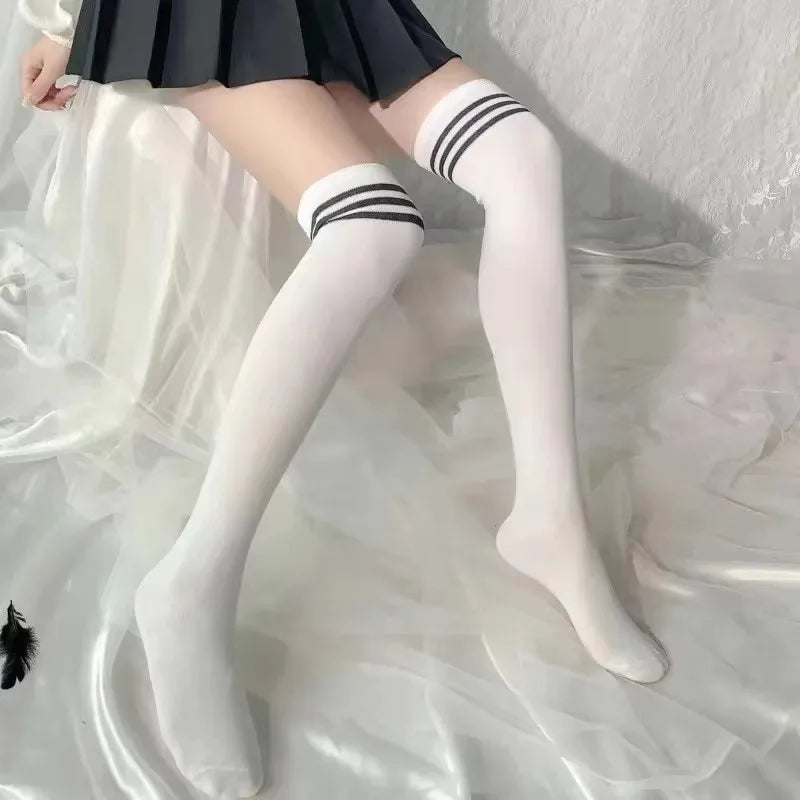 Solid Striped Thigh High Socks for Women