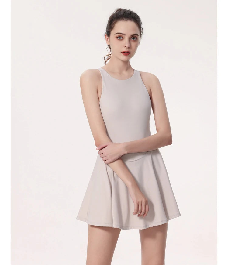 Women Summer Tennis Dress Solid Color Backless Dress