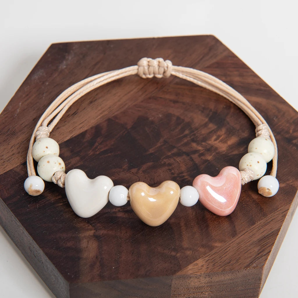 Women Handmade Ceramic Triple Heart Adjustable Cord Bracelet