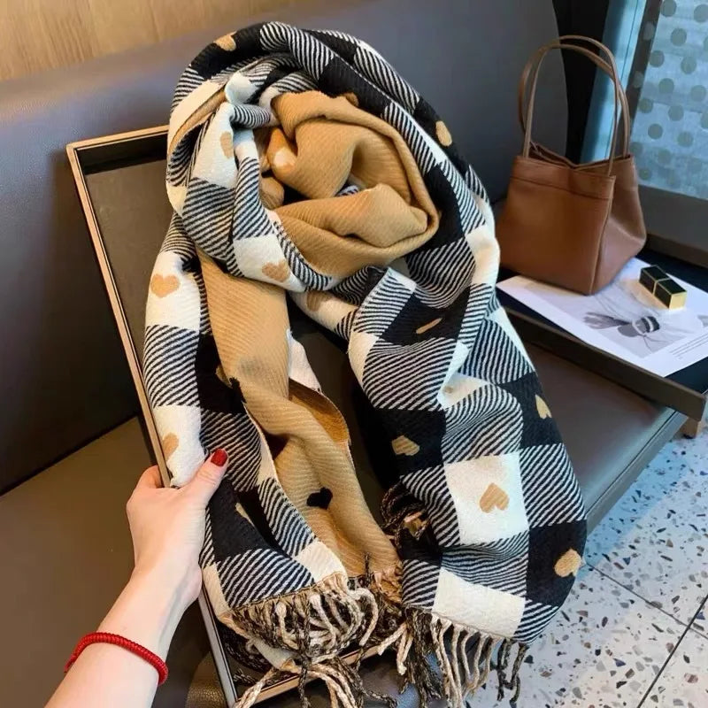 Women Plaid Heart Shaped Thick Winter Shawl Scarf