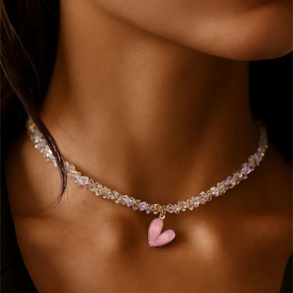 Women Crystal Heart Pendant Layered Punk Chain Necklace