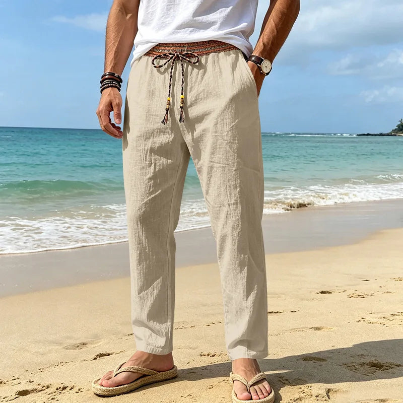 Men Linen Straight Leg Beach Pants