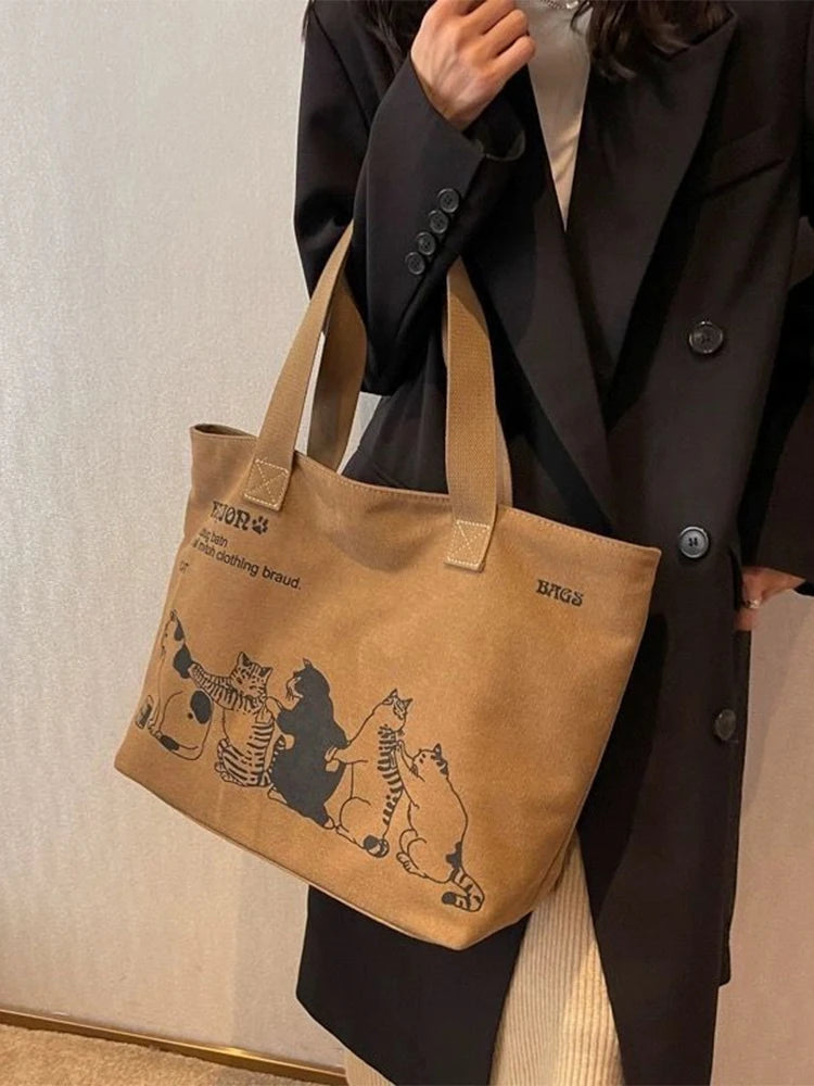 Spacious Canvas Tote Shoulder Bag with Zipper for Women
