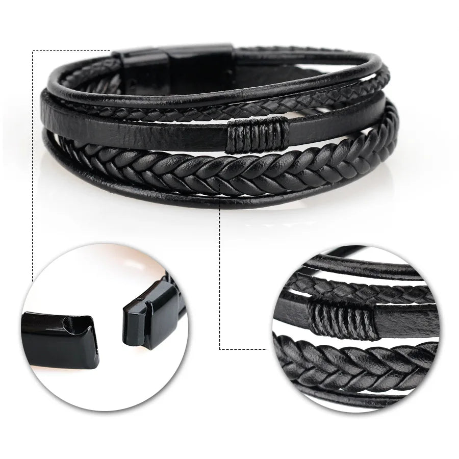 Men Multilayer Leather Rope Stainless Steel Bracelet