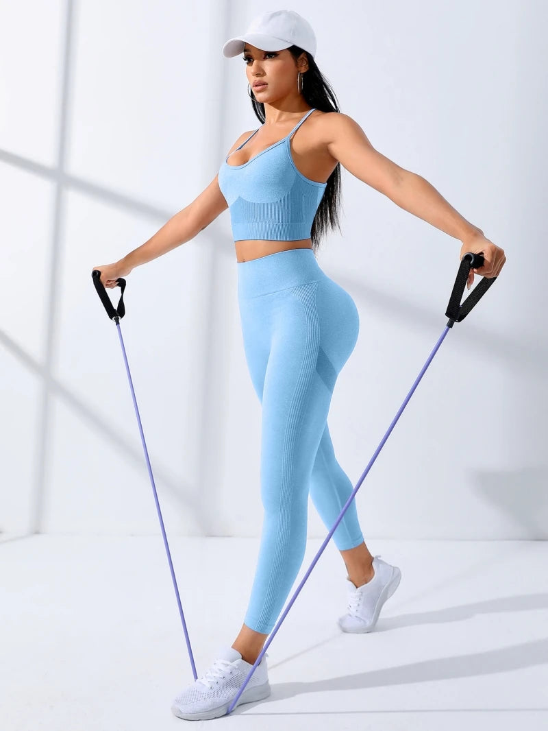 Women Seamless Yoga Bodysuit Set Sports Bra and Leggings Workout Outfit