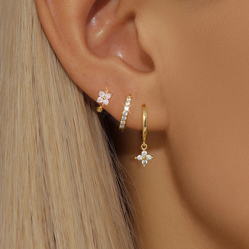 Women Stainless Steel Flower Zircon Drop Earring Set Jewelry