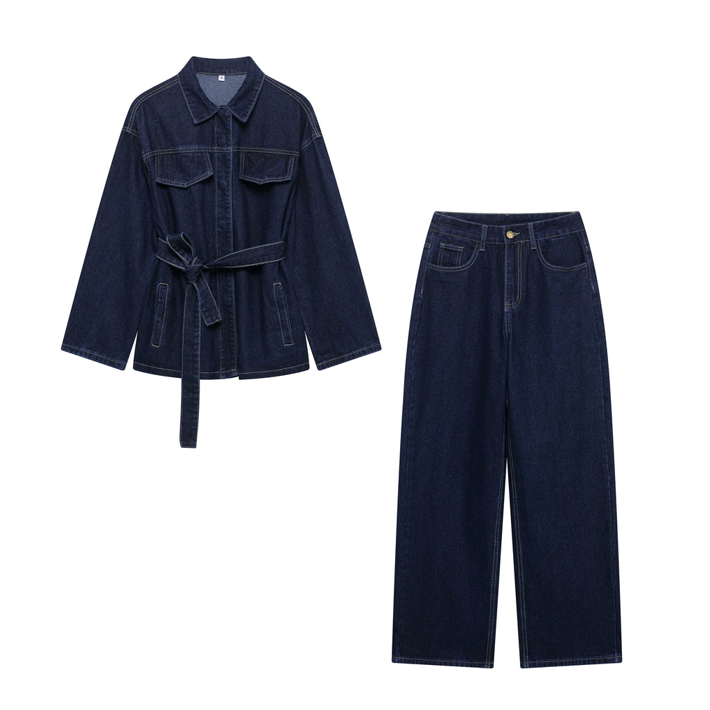 Women Denim Jacket and Jeans 2 Piece Set Belted Fashion Outfit