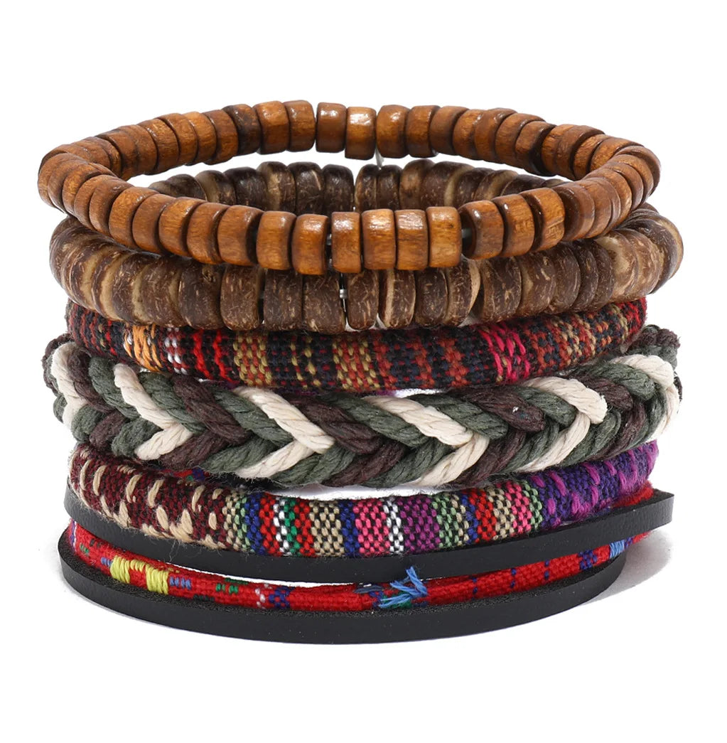 Men Bohemian Leather Wooden Bead Bracelet Jewelry