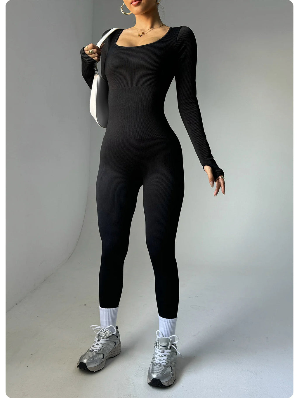 Women Black Long Sleeve Yoga Jumpsuit One Piece Bodysuit