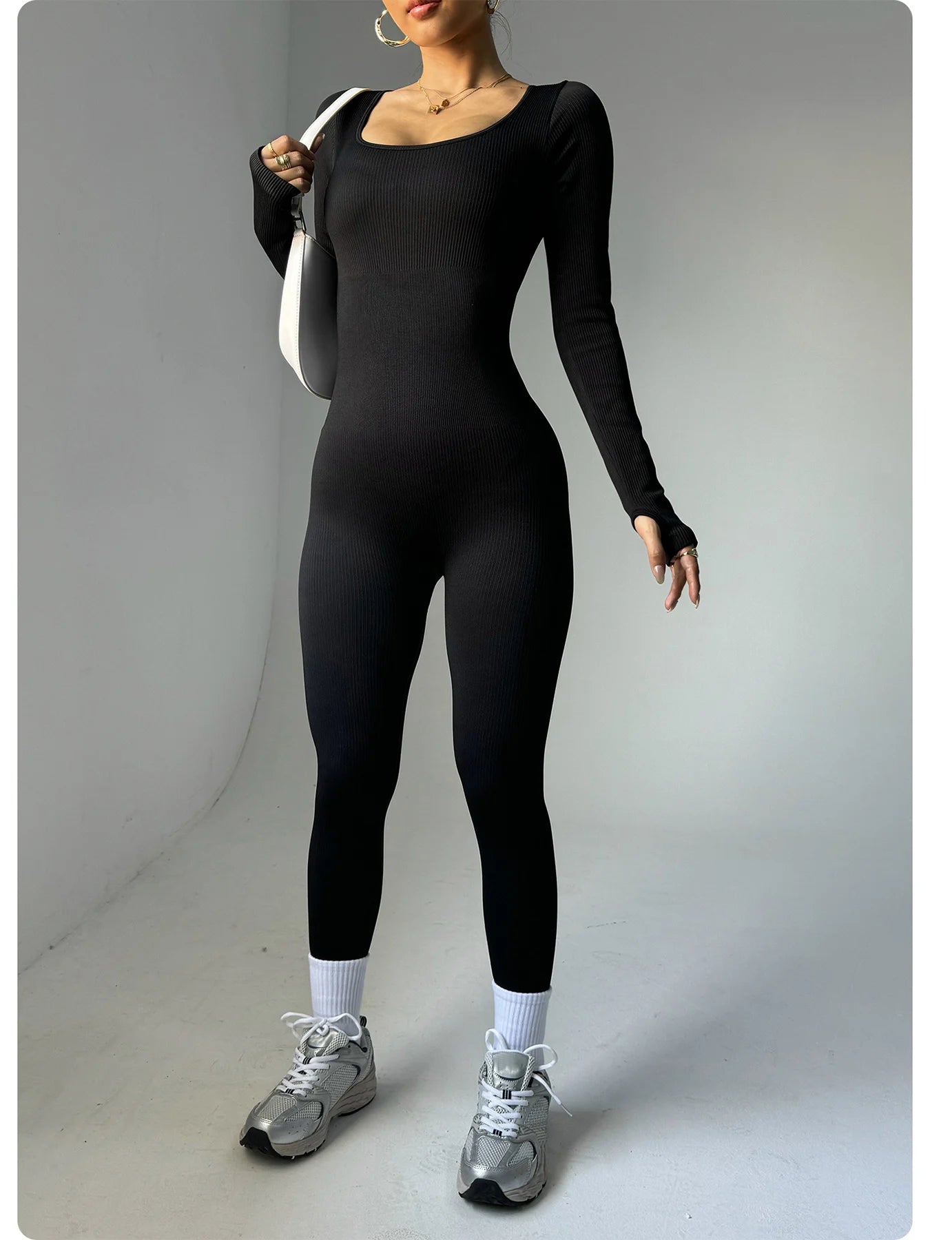 Women Black Long Sleeve Yoga Jumpsuit One Piece Bodysuit