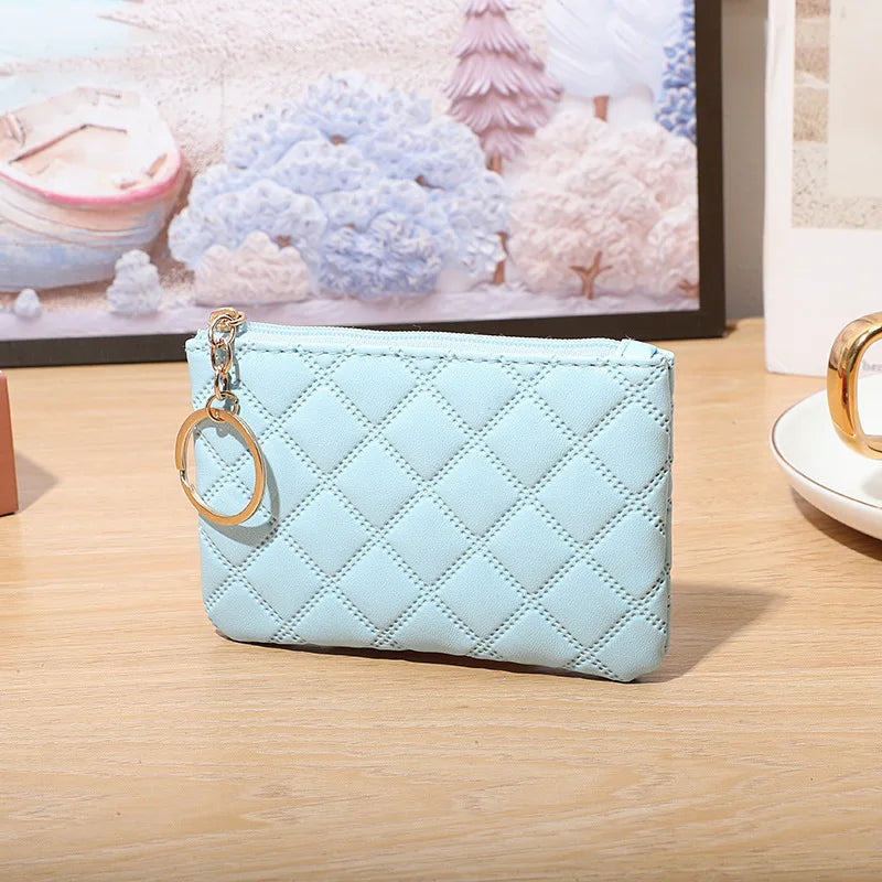 Mini Plaid Leather Zipper Coin Purse Wallet with Keychain for Women