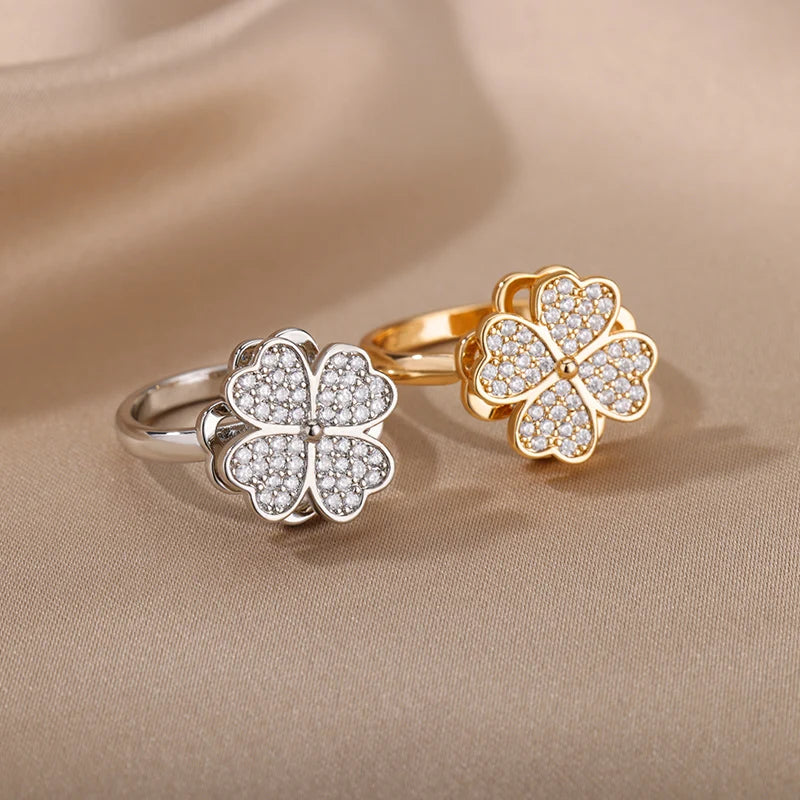 Women Spinner Zircon Clover Heart Fidget Ring Jewelry