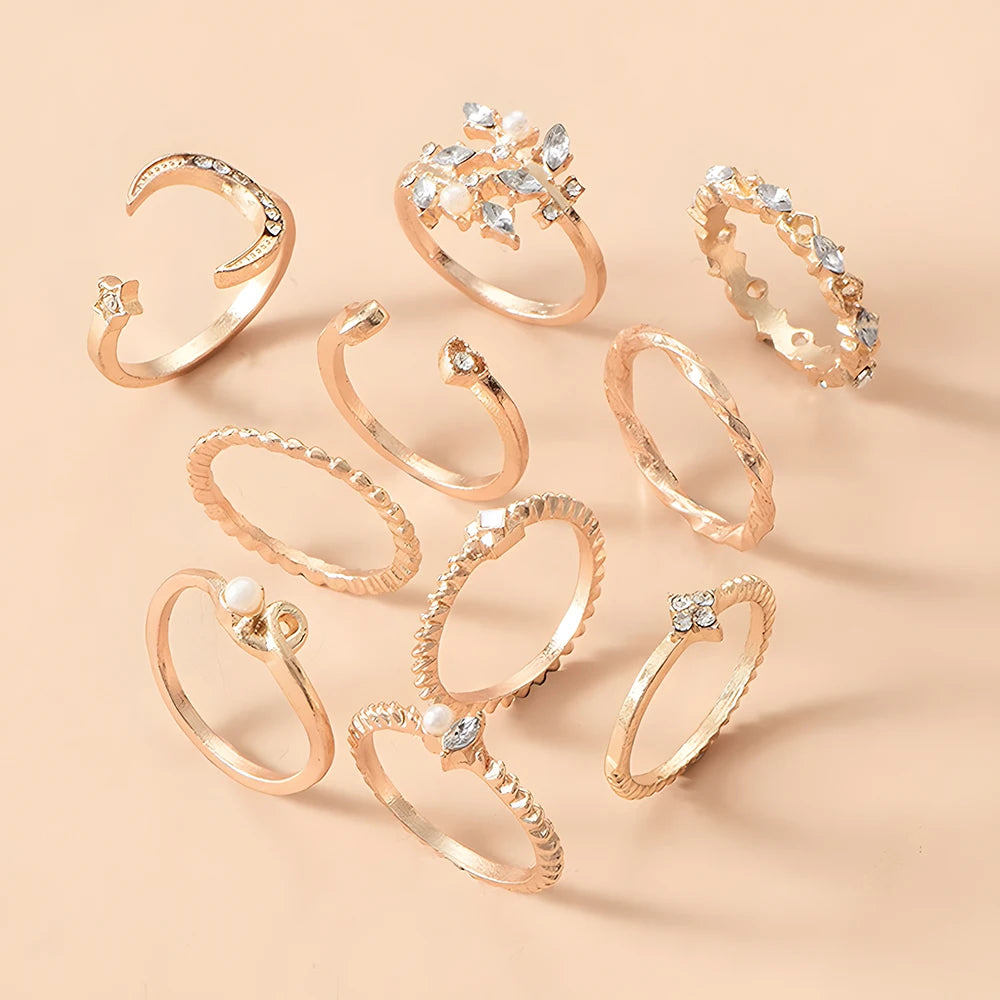 Women Bohemian Ring Set Moon Star Jewelry