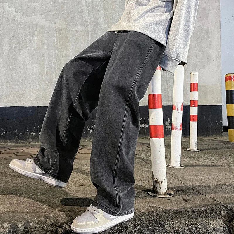 Men Korean Streetwear Wide Leg Jeans