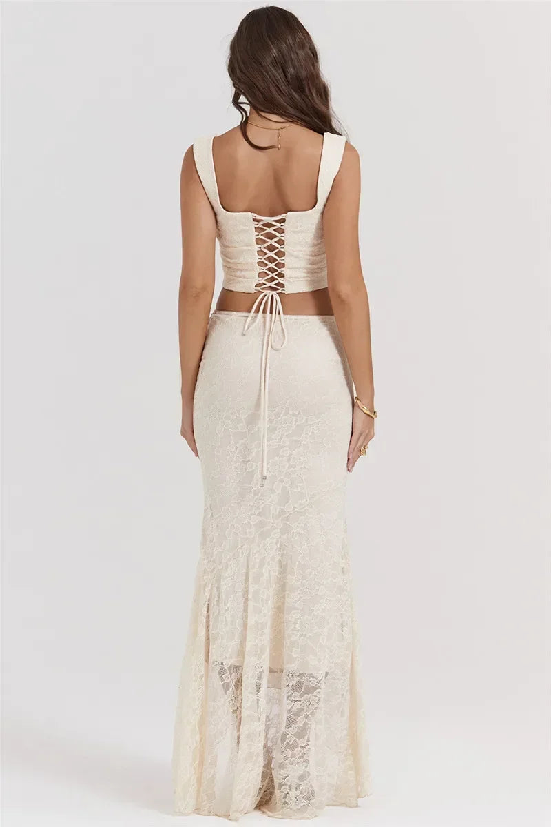 Women Lace Bandage 2 Piece Set Backless High Waist Maxi Skirt Outfit