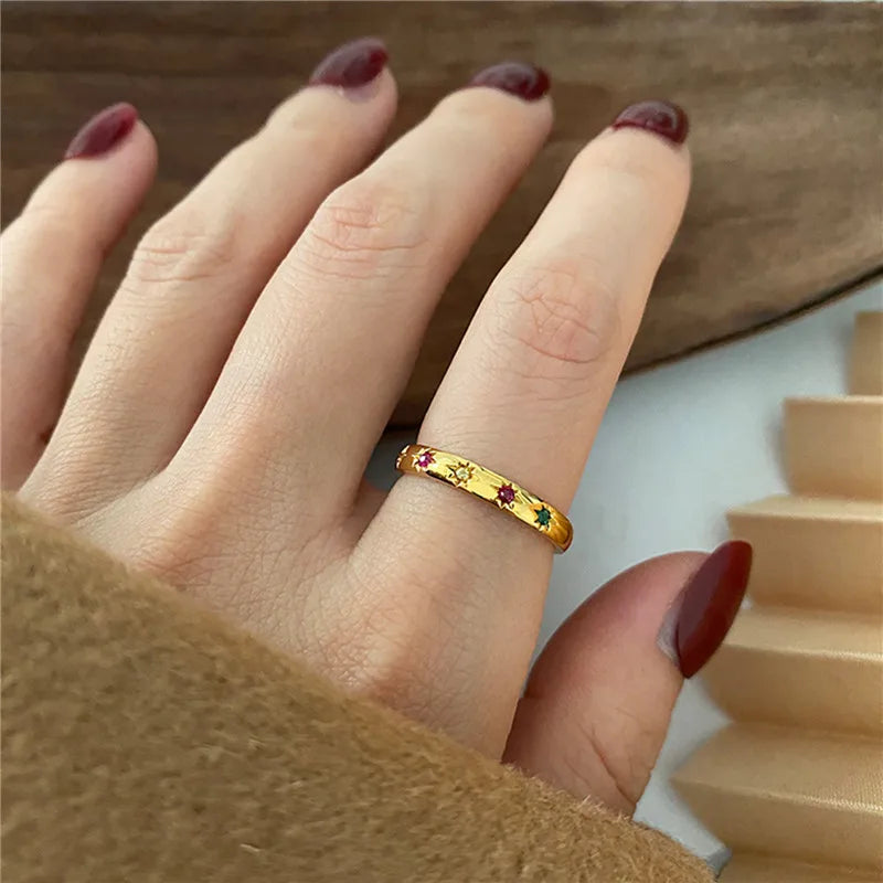 Women Rainbow Zircon Stainless Steel Star Rings Set
