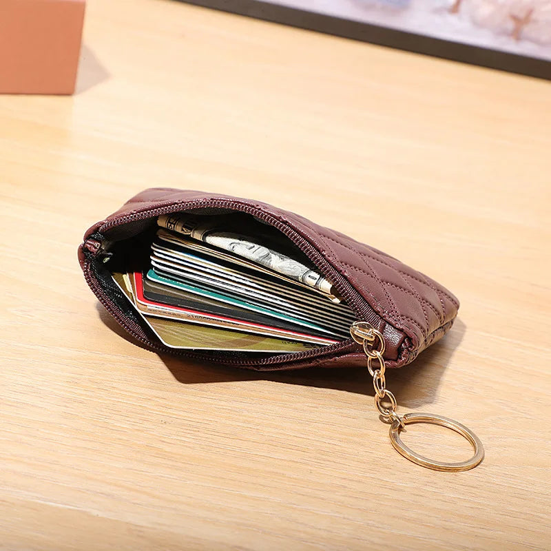 Mini Plaid Leather Zipper Coin Purse Wallet with Keychain for Women
